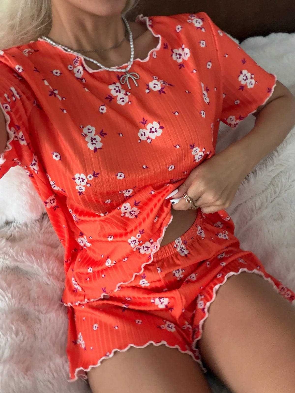 Pijama Feminino Malha Canelada Floral Blusa e Short