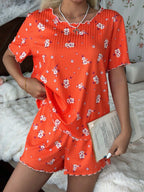 Pijama Feminino Malha Canelada Floral Blusa e Short
