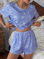 Pijama Feminino Malha Canelada Floral Blusa e Short