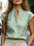 Camisa Feminina Elegante Manga Curta com Decote V Entalhado