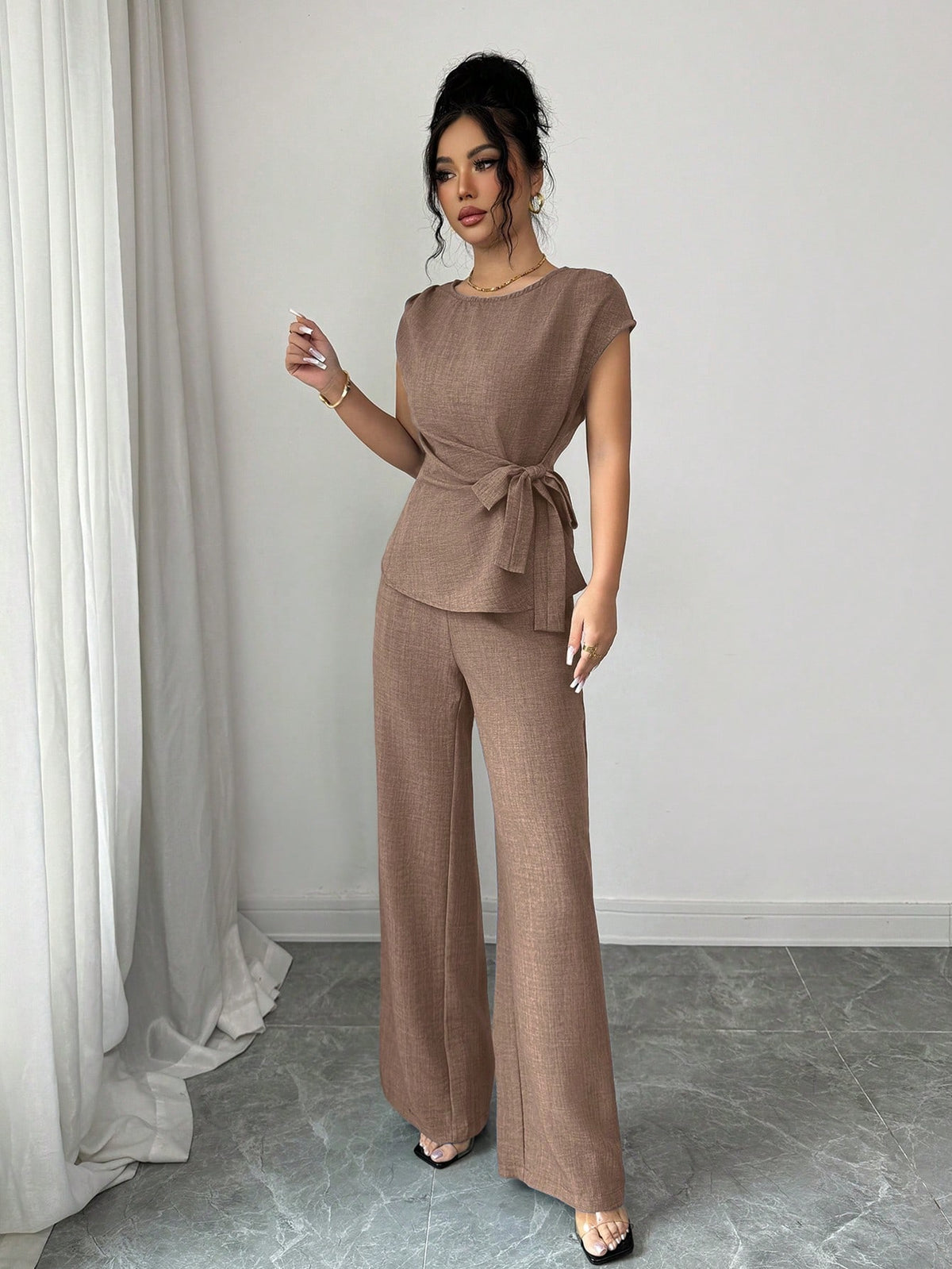 Elenzga Blusa Casual Elegante de Escritório Azul com Laço Ajustável na Cintura + Calça Casual Elegante de Escritório com Cintura Alta, Bolsos e Perna Larga