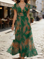 Vestido Longo em Chiffon Cintura Marcada Manga com Babados