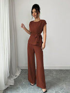 Elenzga Blusa Casual Elegante de Escritório Azul com Laço Ajustável na Cintura + Calça Casual Elegante de Escritório com Cintura Alta, Bolsos e Perna Larga