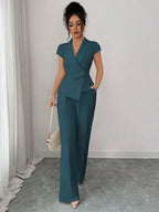 Elenzga Conjunto Elegante Feminino de 2 Peças em Azul-Petróleo, Blusa com Gola Assimétrica Cruzada, Manga Borboleta e Cintura Marcada & Calça com Cintura Elástica, Look de Verão para Trabalho e Deslocamento