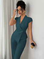 Elenzga Conjunto Elegante Feminino de 2 Peças em Azul-Petróleo, Blusa com Gola Assimétrica Cruzada, Manga Borboleta e Cintura Marcada & Calça com Cintura Elástica, Look de Verão para Trabalho e Deslocamento