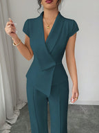 Elenzga Conjunto Elegante Feminino de 2 Peças em Azul-Petróleo, Blusa com Gola Assimétrica Cruzada, Manga Borboleta e Cintura Marcada & Calça com Cintura Elástica, Look de Verão para Trabalho e Deslocamento