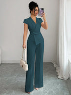 Elenzga Conjunto Elegante Feminino de 2 Peças em Azul-Petróleo, Blusa com Gola Assimétrica Cruzada, Manga Borboleta e Cintura Marcada & Calça com Cintura Elástica, Look de Verão para Trabalho e Deslocamento