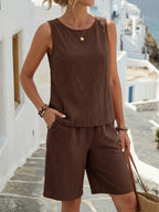Faunlyn Conjunto de 2 Peças Casual de Cor Sólida, Camiseta Regata e Shorts, Conjunto de Verão para Férias, Conjuntos Curtos para Mulheres, Conjuntos de Descanso para Mulheres, Roupas Femininas de Algodão