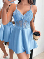 Dream Adore Vestido Slip Feminino com Decoração de Laço em Cetim Falso de Seda, Renda e Espinha de Peixe, Sexy e Maduro