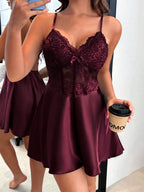 Dream Adore Vestido Slip Feminino com Decoração de Laço em Cetim Falso de Seda, Renda e Espinha de Peixe, Sexy e Maduro