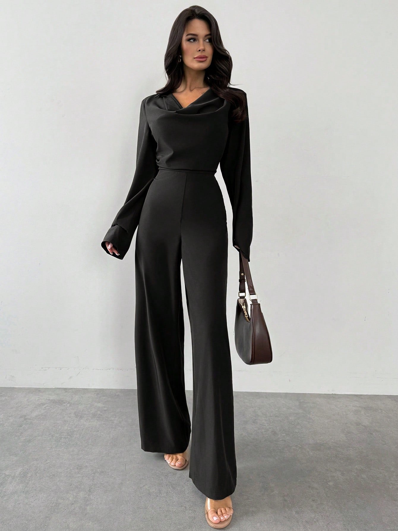Macacão Elegante Feminino Manga Longa Decote Drapeado