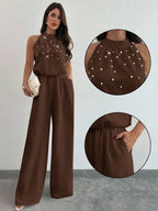 Macacão Feminino Elegante Pantalona Gola Princesa com Pérolas