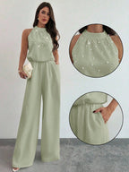 Macacão Feminino Elegante Pantalona Gola Princesa com Pérolas