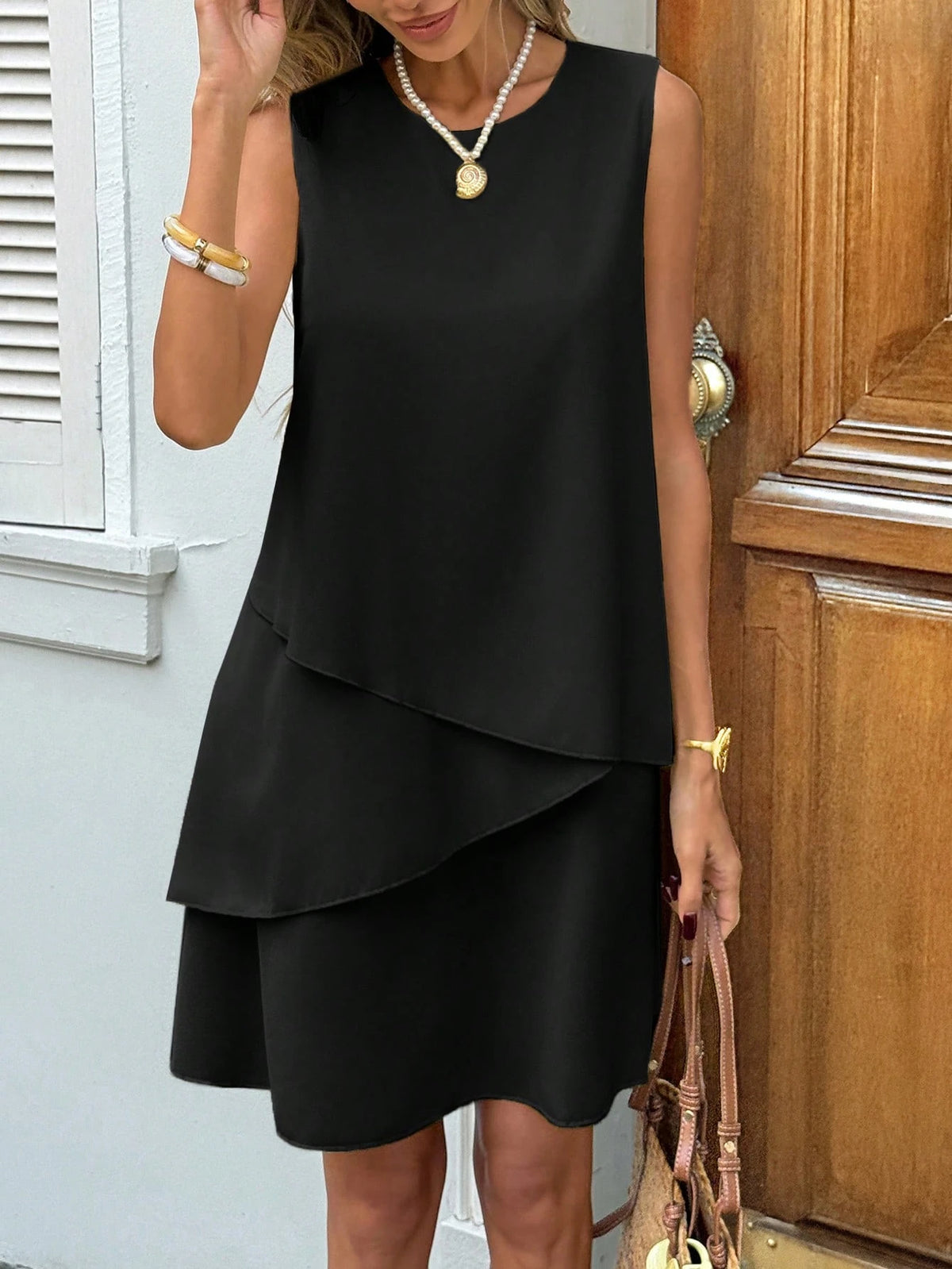 Vestido Curto Sem Manga Casual Assimétrico Alfaiataria