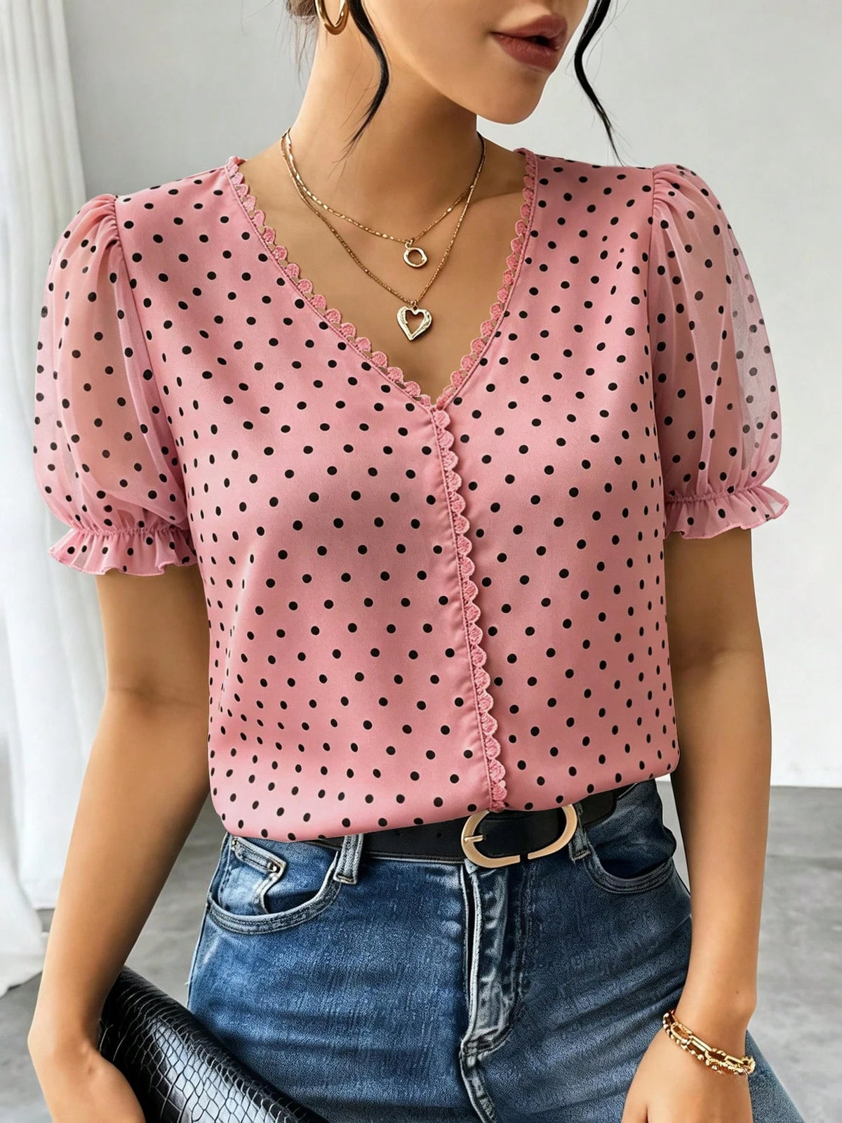 Blusa Jacquard com Decote em V, Tops de Manga Curta