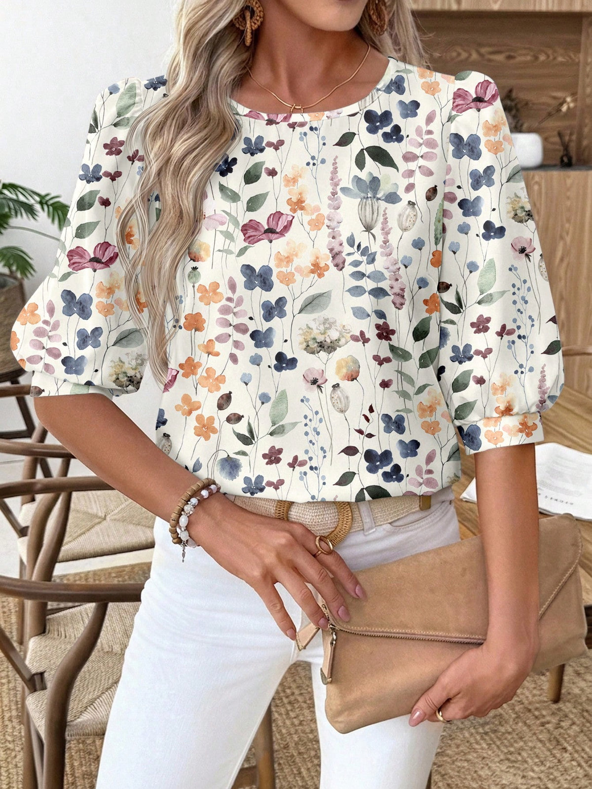 EMERY ROSE Camisa Casual de Manga Lanterna Estampada para Mulheres