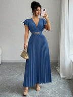 Elenzga Novo Vestido Longo Feminino com Decote em V, Manga com Babado, Tecido Liso, Fivela de Metal, Design Plissado, Elegante, Jovem, para Dia dos Namorados, Banquete, Férias e Festa, com Efeito Alongador e Emagrecedor