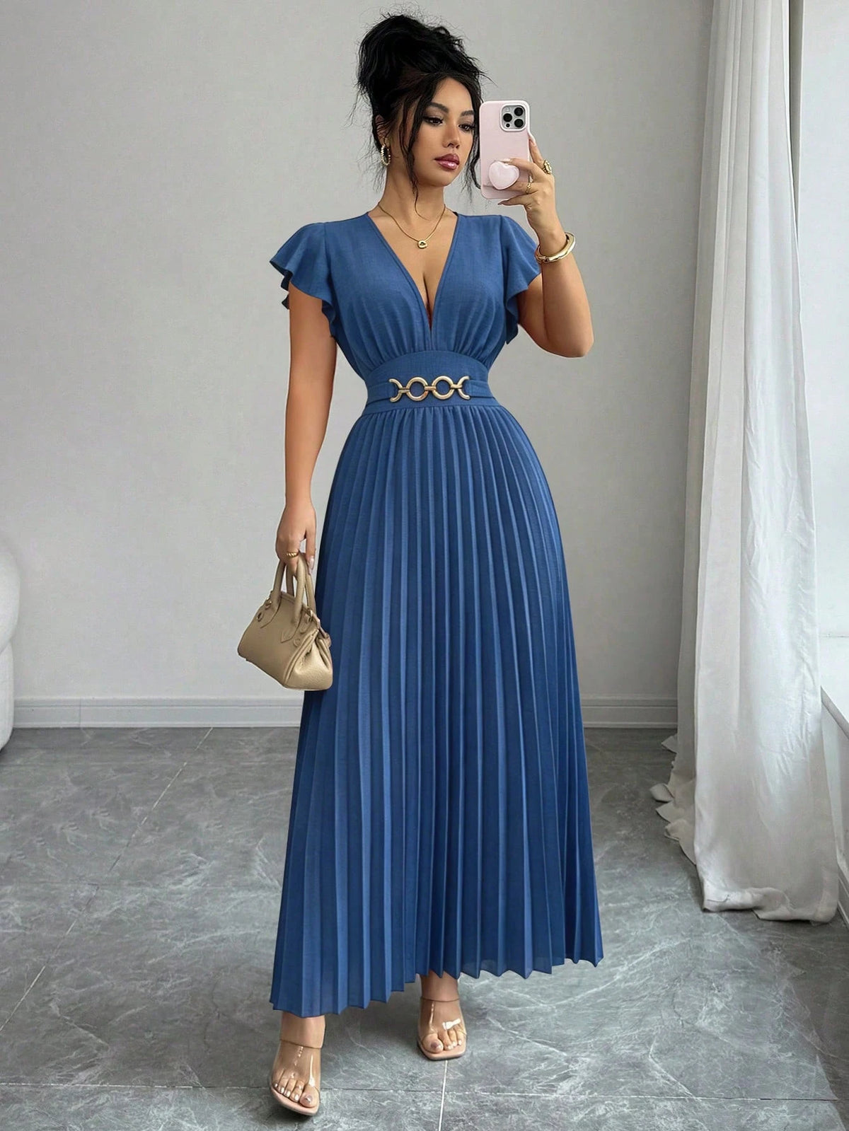 Elenzga Novo Vestido Longo Feminino com Decote em V, Manga com Babado, Tecido Liso, Fivela de Metal, Design Plissado, Elegante, Jovem, para Dia dos Namorados, Banquete, Férias e Festa, com Efeito Alongador e Emagrecedor