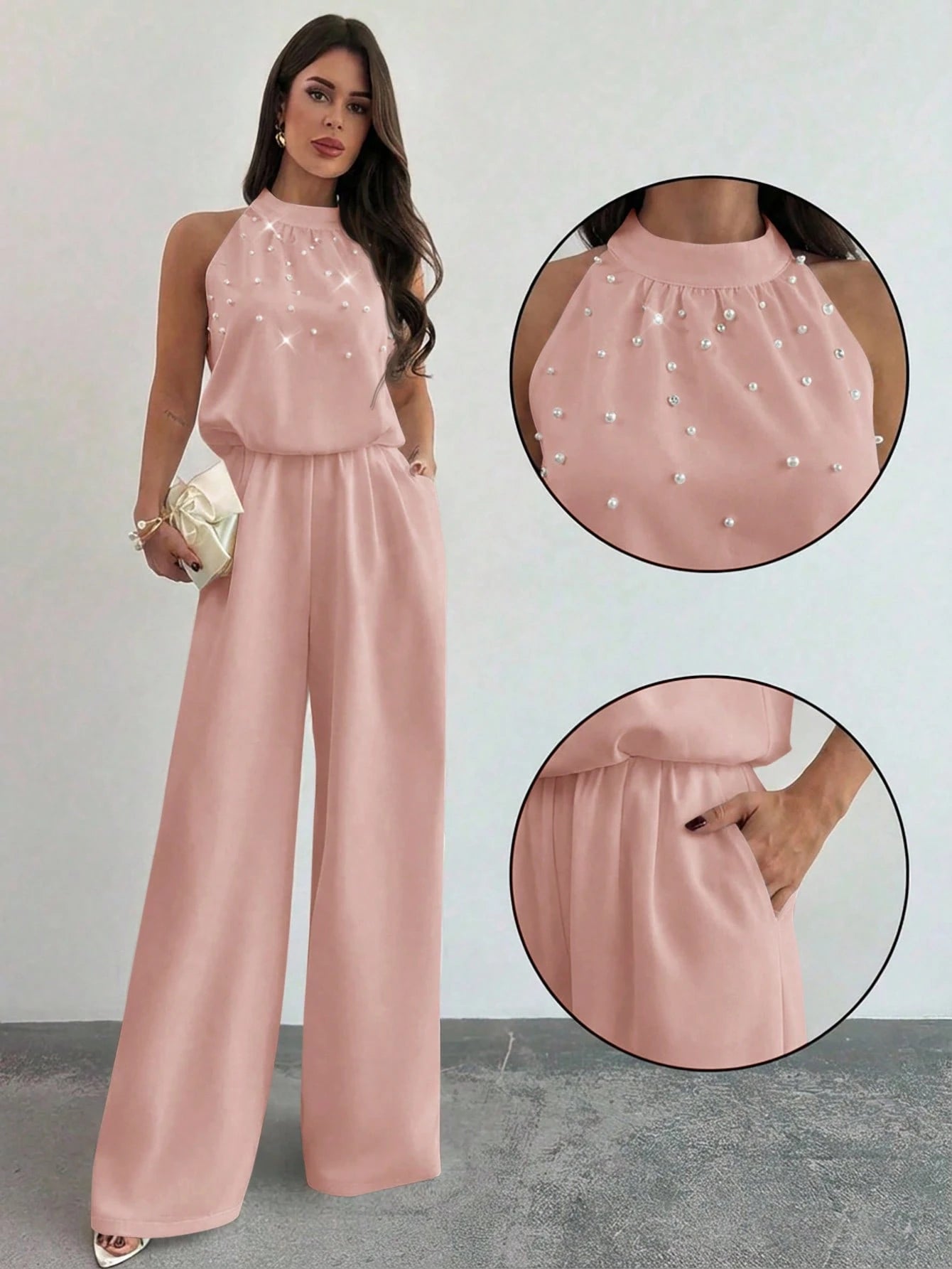 Macacão Feminino Elegante Pantalona Gola Princesa com Pérolas