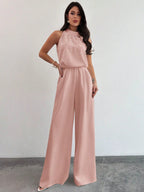 Macacão Feminino Elegante Pantalona Gola Princesa com Pérolas 
