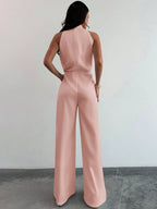 Macacão Feminino Elegante Pantalona Gola Princesa com Pérolas 