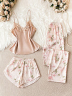 Conjunto Pijama Feminino Três Peças de Cetim Estampa Floral