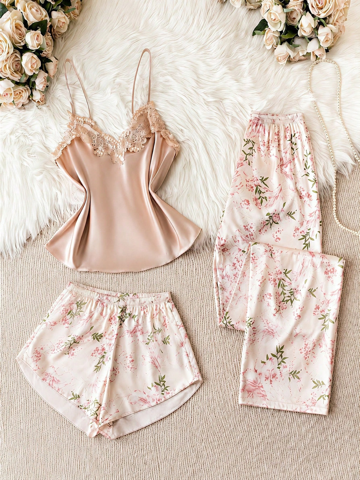 Conjunto Pijama Feminino Três Peças de Cetim Estampa Floral