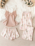 Conjunto Pijama Feminino Três Peças de Cetim Estampa Floral