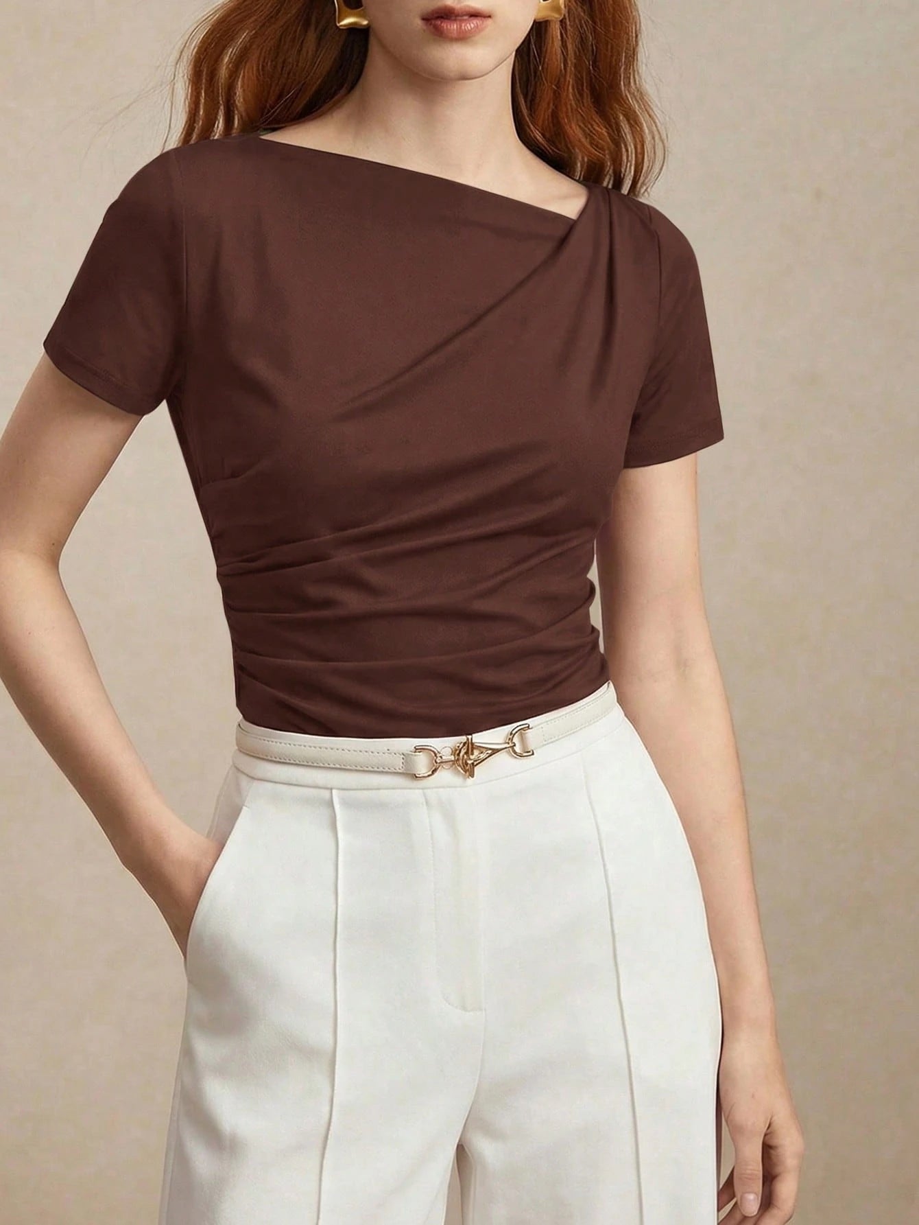 Blusa Manga Curta Feminina Elegante Gola Assimétrica 