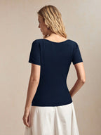 Blusa Manga Curta Feminina Elegante Gola Assimétrica 