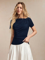 Blusa Manga Curta Feminina Elegante Gola Assimétrica 