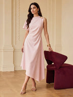 Vestido Midi Feminino Elegante Bainha Assimétrica com Detalhe no Ombro