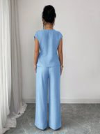 Elenzga Blusa Casual Elegante de Escritório Azul com Laço Ajustável na Cintura + Calça Casual Elegante de Escritório com Cintura Alta, Bolsos e Perna Larga