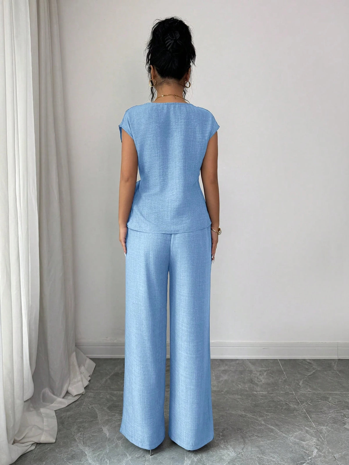 Elenzga Blusa Casual Elegante de Escritório Azul com Laço Ajustável na Cintura + Calça Casual Elegante de Escritório com Cintura Alta, Bolsos e Perna Larga
