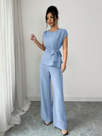 Elenzga Blusa Casual Elegante de Escritório Azul com Laço Ajustável na Cintura + Calça Casual Elegante de Escritório com Cintura Alta, Bolsos e Perna Larga