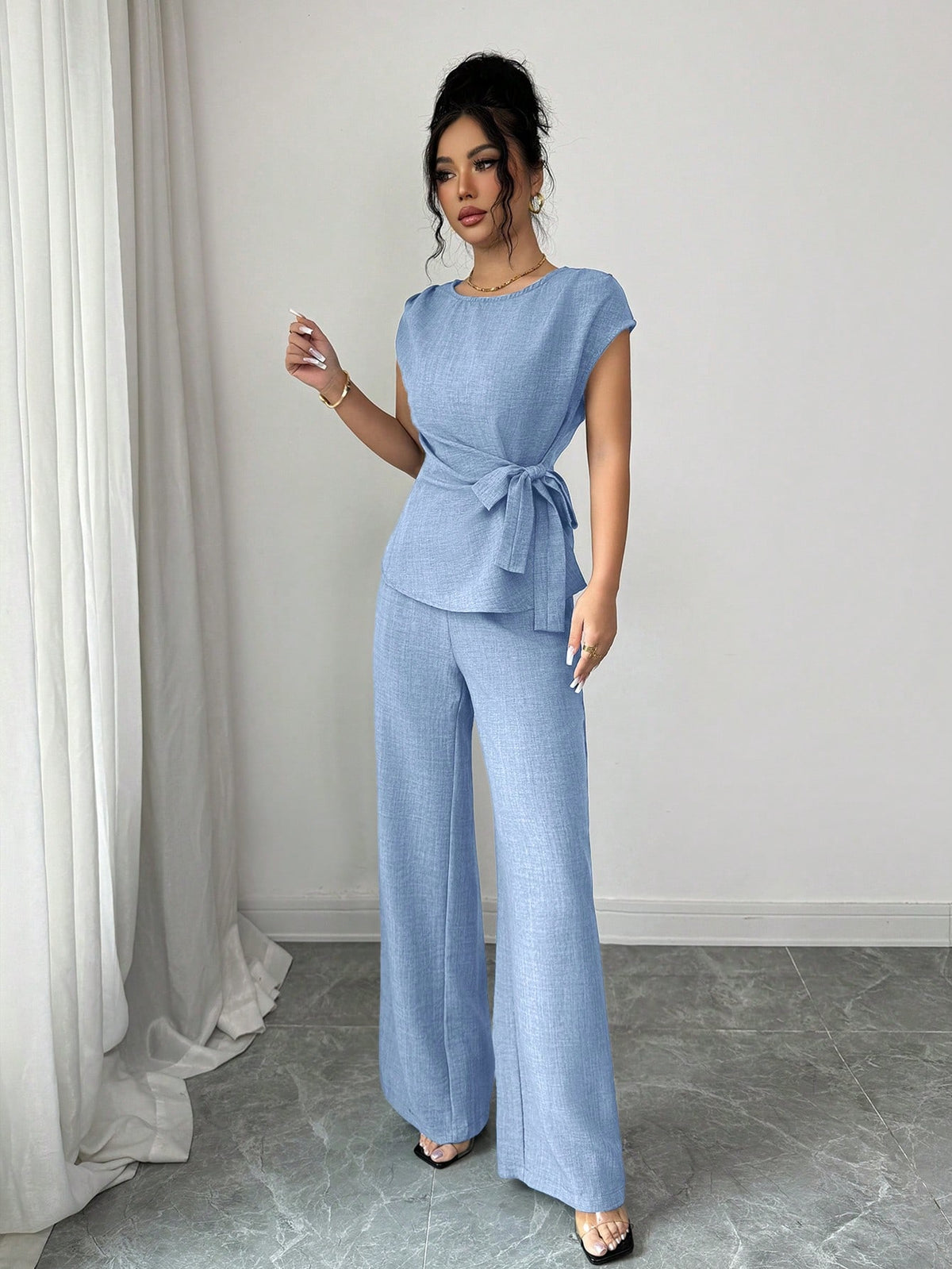 Elenzga Blusa Casual Elegante de Escritório Azul com Laço Ajustável na Cintura + Calça Casual Elegante de Escritório com Cintura Alta, Bolsos e Perna Larga