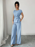 Elenzga Blusa Casual Elegante de Escritório Azul com Laço Ajustável na Cintura + Calça Casual Elegante de Escritório com Cintura Alta, Bolsos e Perna Larga