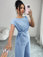 Elenzga Blusa Casual Elegante de Escritório Azul com Laço Ajustável na Cintura + Calça Casual Elegante de Escritório com Cintura Alta, Bolsos e Perna Larga