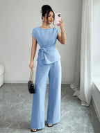 Elenzga Blusa Casual Elegante de Escritório Azul com Laço Ajustável na Cintura + Calça Casual Elegante de Escritório com Cintura Alta, Bolsos e Perna Larga