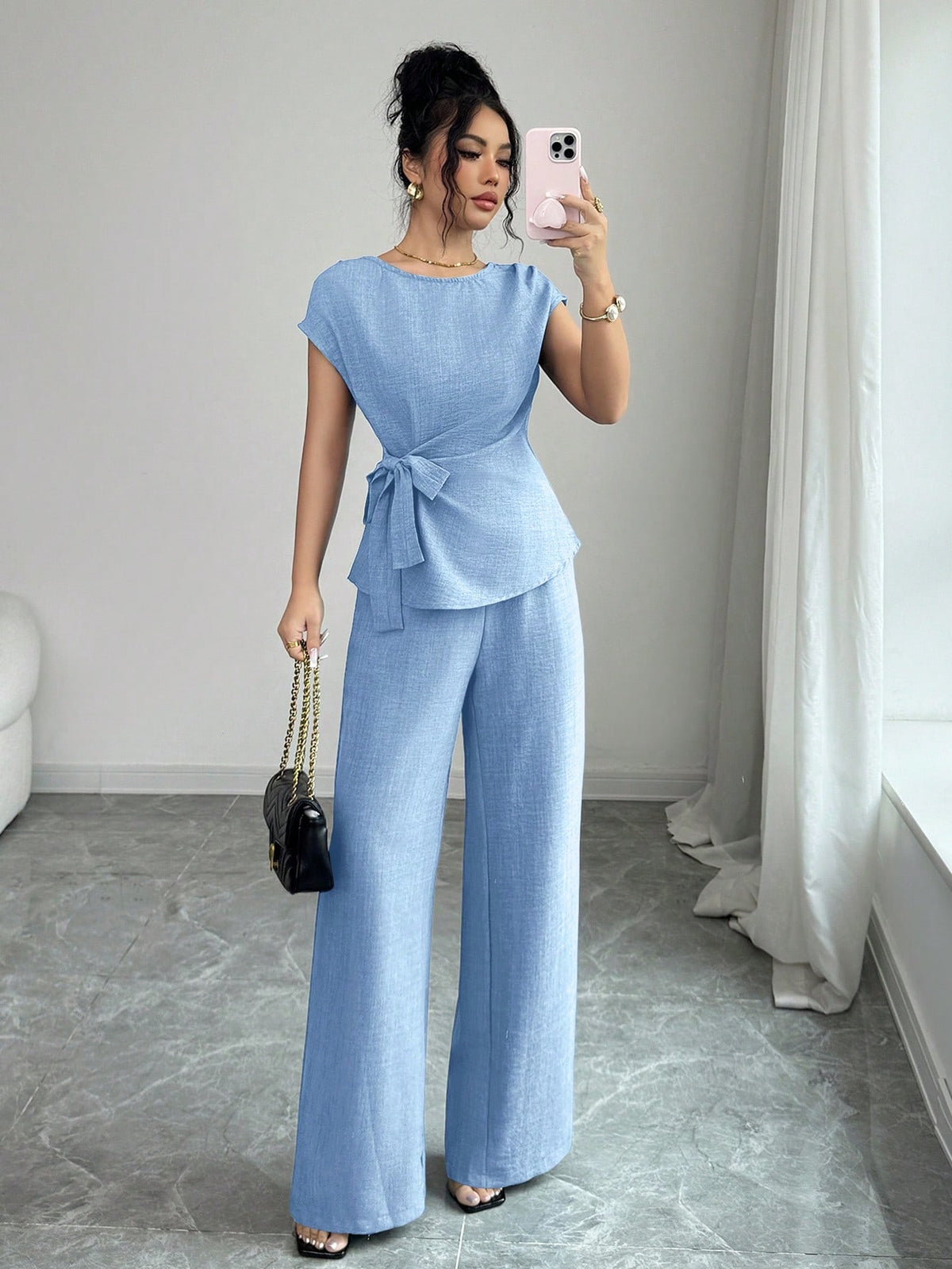 Elenzga Blusa Casual Elegante de Escritório Azul com Laço Ajustável na Cintura + Calça Casual Elegante de Escritório com Cintura Alta, Bolsos e Perna Larga