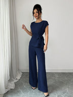 Elenzga Blusa Casual Elegante de Escritório Azul com Laço Ajustável na Cintura + Calça Casual Elegante de Escritório com Cintura Alta, Bolsos e Perna Larga