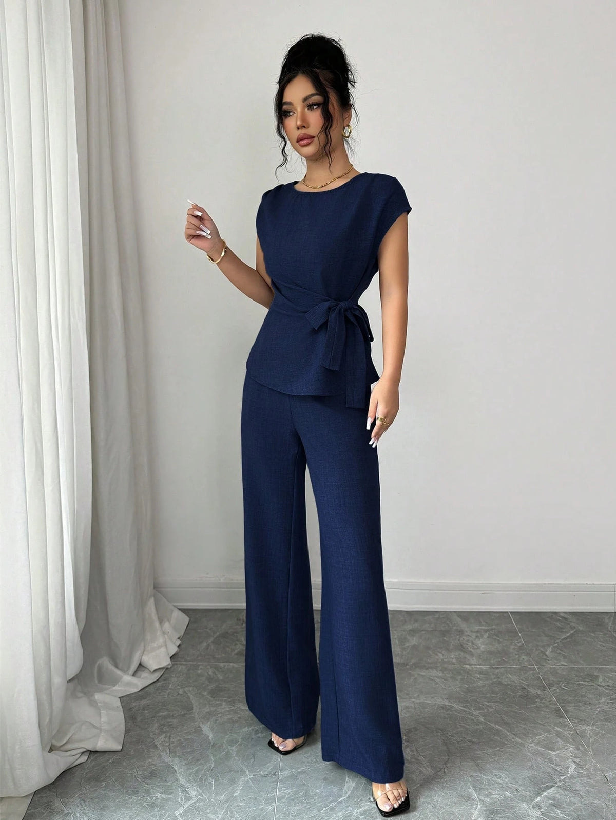 Elenzga Blusa Casual Elegante de Escritório Azul com Laço Ajustável na Cintura + Calça Casual Elegante de Escritório com Cintura Alta, Bolsos e Perna Larga