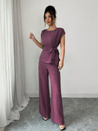 Elenzga Blusa Casual Elegante de Escritório Azul com Laço Ajustável na Cintura + Calça Casual Elegante de Escritório com Cintura Alta, Bolsos e Perna Larga