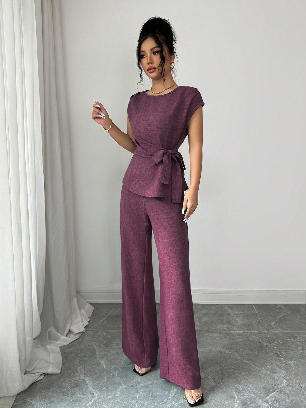 Elenzga Blusa Casual Elegante de Escritório Azul com Laço Ajustável na Cintura + Calça Casual Elegante de Escritório com Cintura Alta, Bolsos e Perna Larga