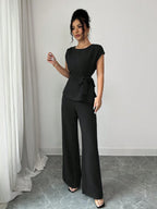 Elenzga Blusa Casual Elegante de Escritório Azul com Laço Ajustável na Cintura + Calça Casual Elegante de Escritório com Cintura Alta, Bolsos e Perna Larga