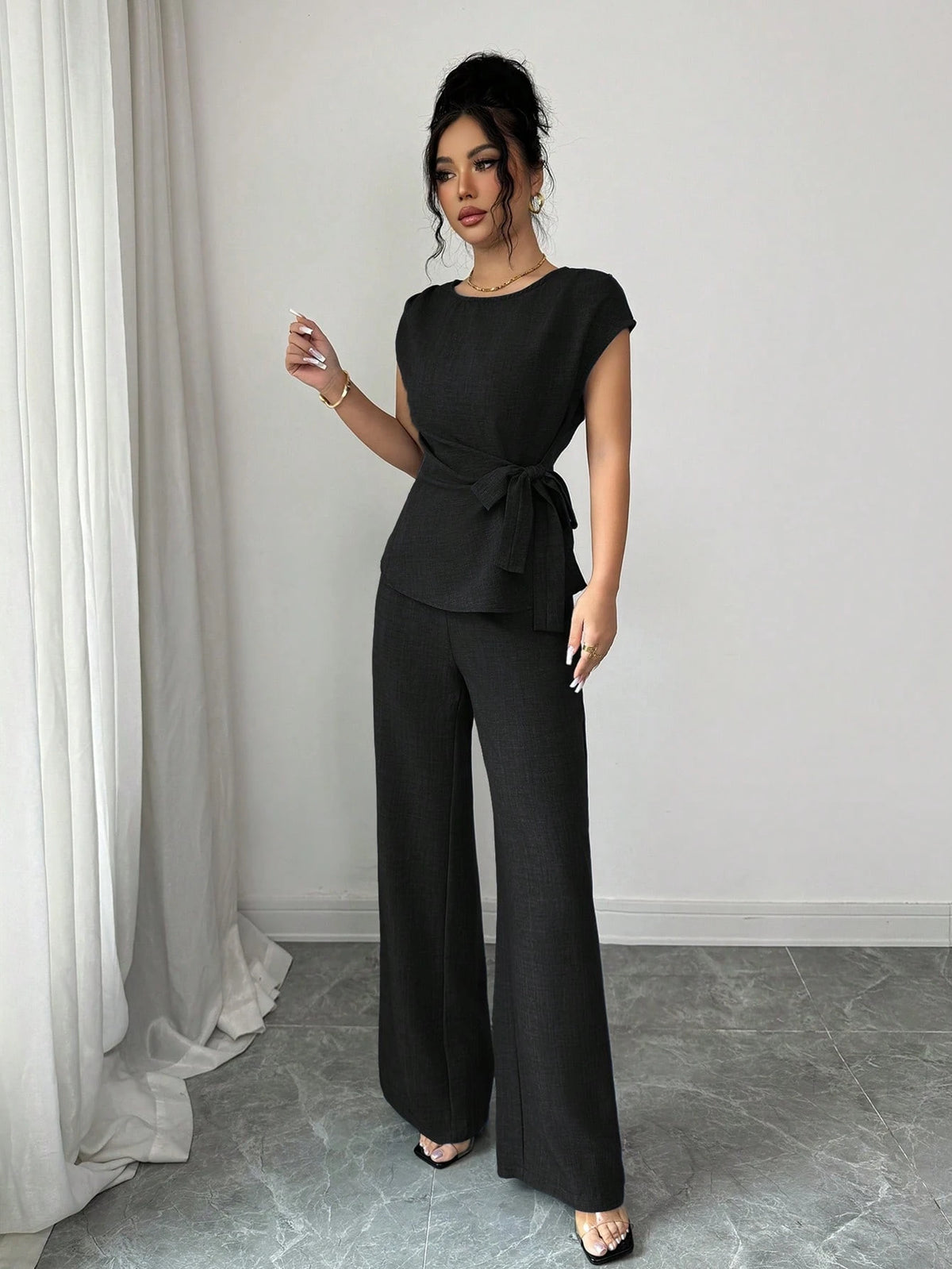 Elenzga Blusa Casual Elegante de Escritório Azul com Laço Ajustável na Cintura + Calça Casual Elegante de Escritório com Cintura Alta, Bolsos e Perna Larga