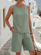 Faunlyn Conjunto de 2 Peças Casual de Cor Sólida, Camiseta Regata e Shorts, Conjunto de Verão para Férias, Conjuntos Curtos para Mulheres, Conjuntos de Descanso para Mulheres, Roupas Femininas de Algodão