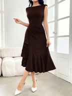 Vestido Elegante Feminino Midi Sem Manga Cintura Franzida com Babados