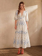 Anewsta Vestido Longo Elegante de Renda com Decote em V Branco e Fenda, Roupa Feminina
