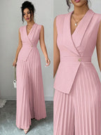 Macacão Alfaiataria Feminino Elegante Sem Mangas Plissado